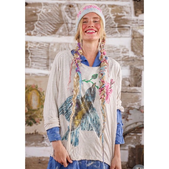 Magnolia Pearl Messenger Story Blue Bird Long Sleeve T-shirtDistressed NWT